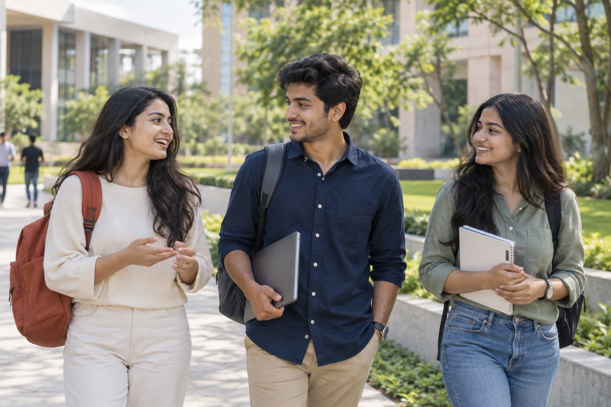 Students talking together on a green university campus